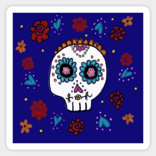 Sugar Skull and Roses blue background Sticker